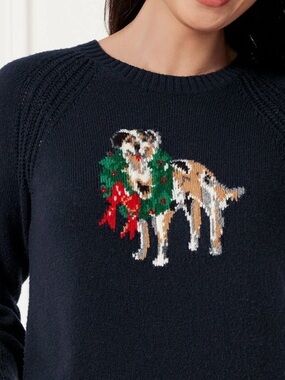 Talbots Holiday Crew Sweater L Dog Christmas Navy Novelty Party Embellished